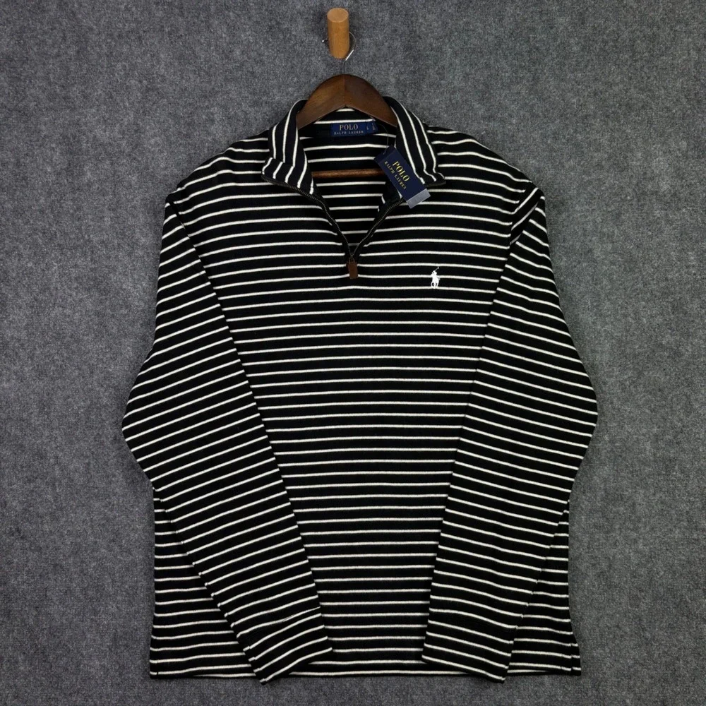 Polo Ralph Lauren Quarter Zip Mens L Black White Striped Pony Logo Pullover NEW